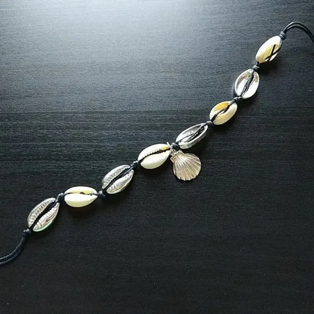 6 Seashell Anklet Bracelets OSFA black cord tie closure half shells silver gold - Picture 6 of 8